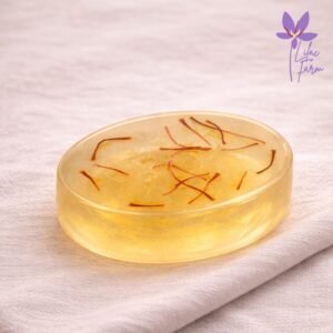 Kashmiri kesar glycerin soap bar on soft linen background, premium saffron infused soap